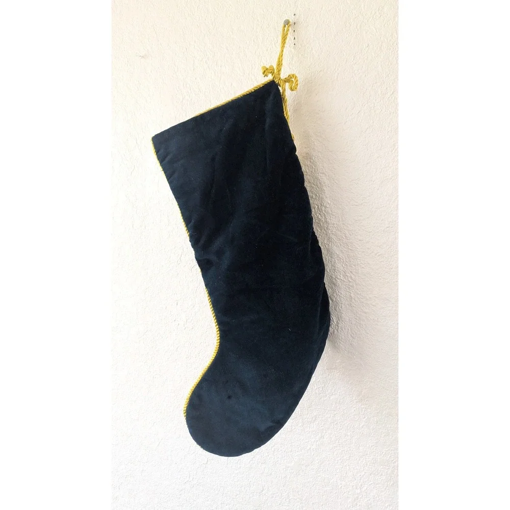Navy Velvet Christmas Stocking with 3D Plush Moose Gold Tassels Burgundy Cuff